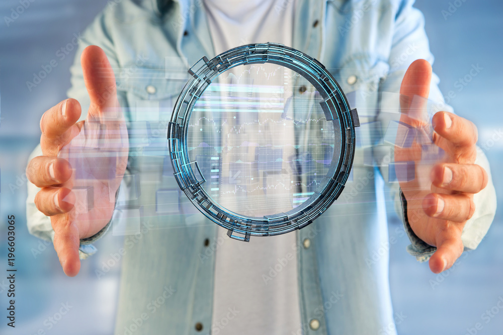 Poster hologram made of wheel with a futuristic finance data interface - 3d render