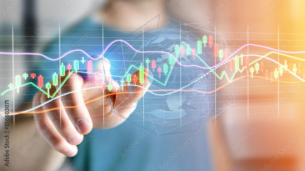 Poster businessman holding a 3d render stock exchange trading data information display on a futuristic inte