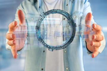 Hologram made of wheel with a futuristic finance data interface - 3d render