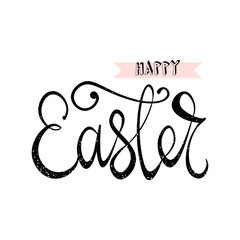 Obraz premium Happy Easter lettering quote with hand drawn brush pastel pink egg symbol isolated on white. Cute holiday background for postcards, invitations, greeting cards, banners, posters, etc. Made in vector
