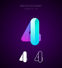 Vector origami alphabet. Number 4 (four) logo template. Material design, flat, line, glossy, twisted style