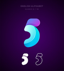 Vector origami alphabet. Number 5 (five) logo template. Material design, flat, line, glossy, twisted style