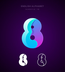 Vector origami alphabet. Number 8 (eight) logo template. Material design, flat, line, glossy, twisted style