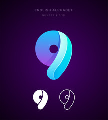 Vector origami alphabet. Number 9 (nine) logo template. Material design, flat, line, glossy, twisted style