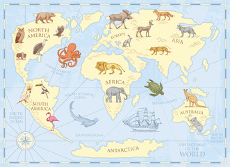 Fototapety  Vintage world map with wild animals and mountains. Sea creatures in the ocean. Old retro parchment. wildlife on earth concept. background or poster for kids. engraved hand drawn, mainland and island.