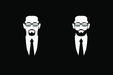 Men in black suits and sunglasses. Symbol safety. Bodyguards, security, face control. Isolated flat vector illustration on black background