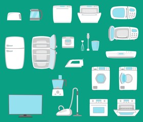 Household appliances set. Home technics. TV, refrigerator, conditioner, dishwasher, oven, kettle, iron, multicooker, blender mixer vacuum cleaner washing machine microwave toster Vector illustratoin