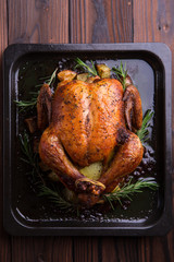 Roasted whole chicken / turkey for celebration and holiday. Christmas, thanksgiving, new year's eve dinner - 196605229