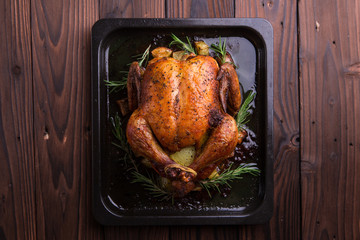 Roasted whole chicken / turkey for celebration and holiday. Christmas, thanksgiving, new year's eve dinner - 196605285