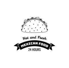 Taco mexican food. Hot and fresh lettering.  illustration.