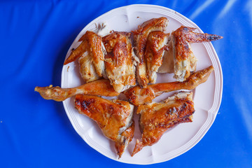 Papaya salad on table,National food of Thailand,Papaya salad and grilled Chicken select focus