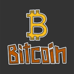 Bitcoin stock vector image, digital currency, cryptocurrency money, lettering, bitcoin symbol. Doodle and engraved style illustration, hand drawn
