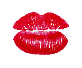Red print of lips on white background. Lipstick. Beautiful red lips.