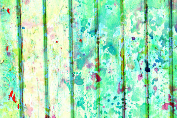Mixed media artwork, abstract colorful artistic painted layer in light green color palette on grunge texture planks photography background