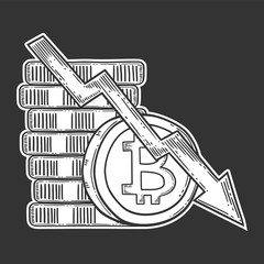 Bitcoin down and decrease stock vector image, digital currency, cryptocurrency money, bitcoin symbol. Doodle and engraved style illustration, hand drawn