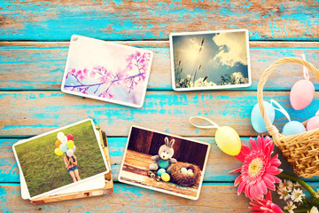 Fototapeta na wymiar Photo album in remembrance and nostalgia of Happy easter day on wood table backgroud. Holiday in spring season. vintage and retro style, top view