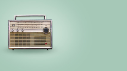 Vintage radio on color background. retro technology. flat lay, top view hero header. vintage color styles.