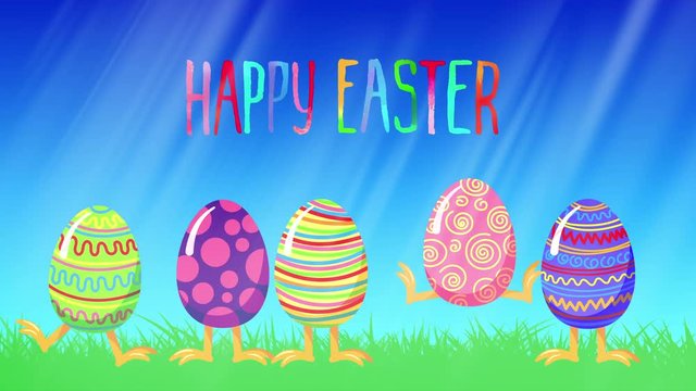 Cartoon crazy jumping eggs in a green grass. Happy Easter lettering. Greeting loop animation