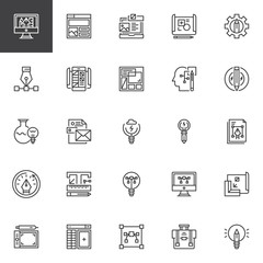 Idea and Creativity outline icons set. linear style symbols collection, line signs pack. vector graphics. Set includes icons as drawing tools, Computer graphic, Content design, Planning, UI, Layout