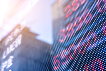Display of Stock market quotes with city scene reflect on glass