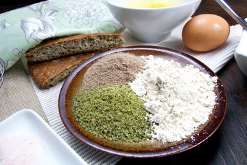 Fresh ingredients for preparation low carb healthy seed bread from pumpkin, flax and sesame flour