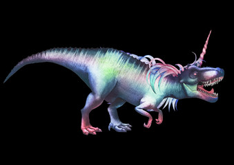 Watercolor tyrannosaurus with unicorn horn and mane.