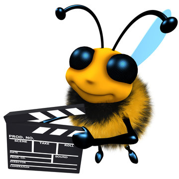 3d Funny cartoon honey bee character holding a movie makers clapperboard