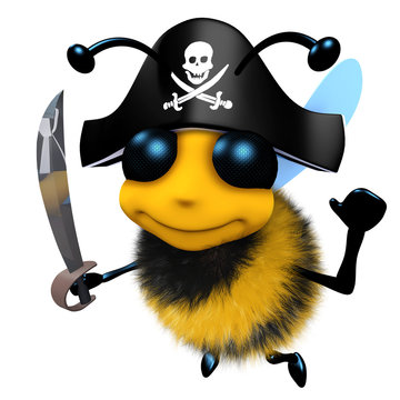3d Funny cartoon honey bee character wearing a pirates costume for fun