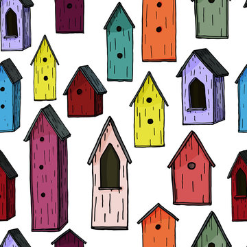 Seamless pattern with hand drawn ink birdhouses. Color bird-box on white background. Isolated vector illustarion