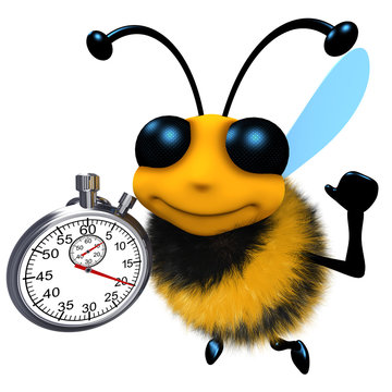 3d Funny cartoon honey bee character holding a stopwatch timer