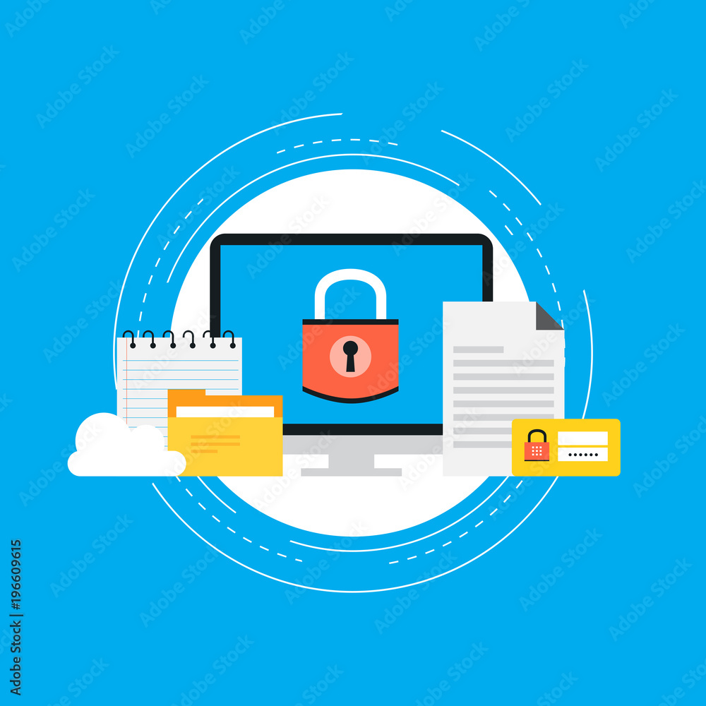 Poster data security flat vector illustration design. secured information, data privacy and padlock protect
