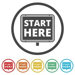 Start here sign, Start here icon, Start here button, 6 Colors Included