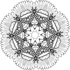 An illustration of a black and white mandala. Cosmic flower of life. The idea for a tattoo