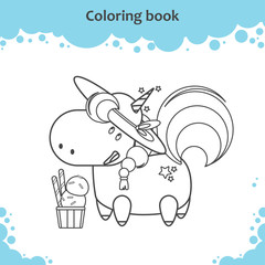 Cute unicorn with hat and ice cream. Coloring page for kids.