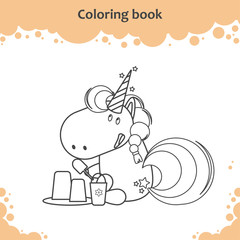 Cute unicorn makes sand castle on a beach. Coloring page for kids.