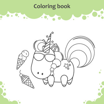 ute unicorn in sunglass eats ice cream. Coloring page for kids.