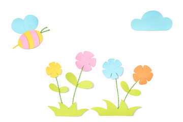 Fototapeta premium Meadow with bee paper cut on white background - isolated