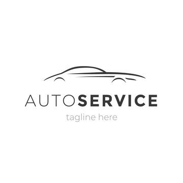 Modern auto service emblem with car silhouette. Logo design vector element. Machine garage business company symbol.