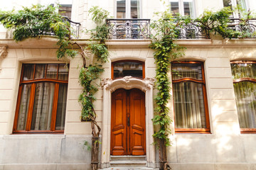 Fototapeta na wymiar entrance with wooden doors to the beautiful building with green plants in Antwerp, Belgium