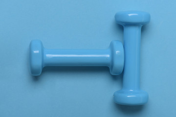 Fit shape and sport concept. Barbells in small size, topview