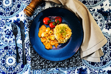 Pasta with Scallops Dinner Dish on a the table