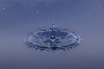 drop of water liquid with splash isolated. the drop explodes in the water sending spray to the sides and circle ripples around it. the water is blue