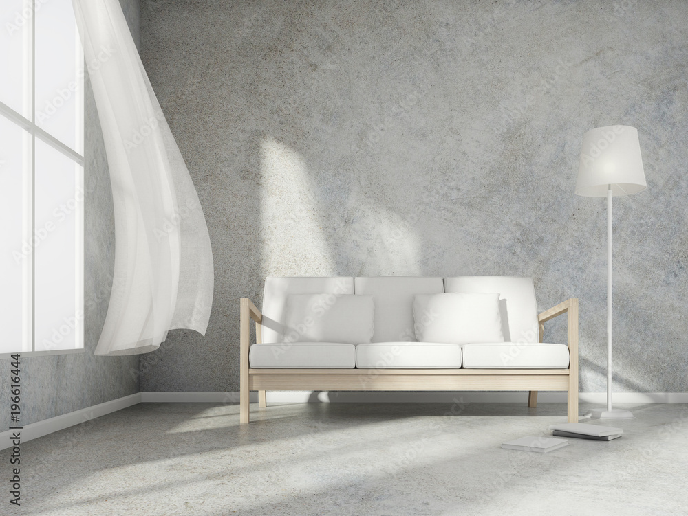 Poster 3D rendering scene of minimal room style with wood sofa and white lamp and book on light grey concrete floor and wall,3d rendering