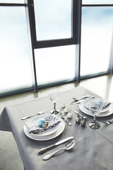 High angle view of decorated easter table at restaurant
