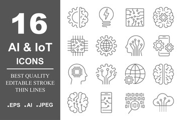 Simple set of artificial intelligence related line icons contains such icons as droid, eye, chip, brain. Editable Stroke. EPS 10
