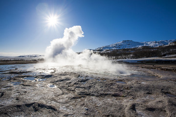 Water geyser before the eruption in the Island