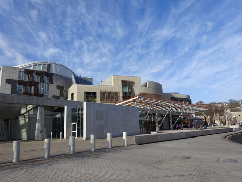 Front view of the Scottish Assembly in Holyrood, Edinburgh, UK