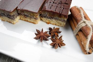 Apple and poppy seed dessert with chocolate