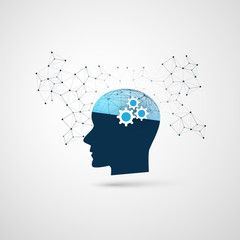 Machine Learning, Artificial Intelligence, Cloud Computing and Networks Design Concept with Network Mesh and Human Head