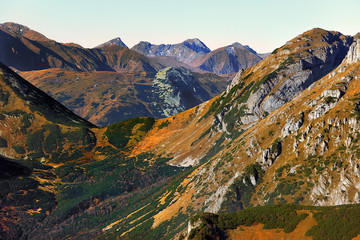 Poland, Tatra Mountains, Zakopane - Czerwone Wierchy, Stoly and Ciemniak peaks, Tomanowa Pass and Tomanowa Liptowska Valley with Western Tatra mountain range panorama in background